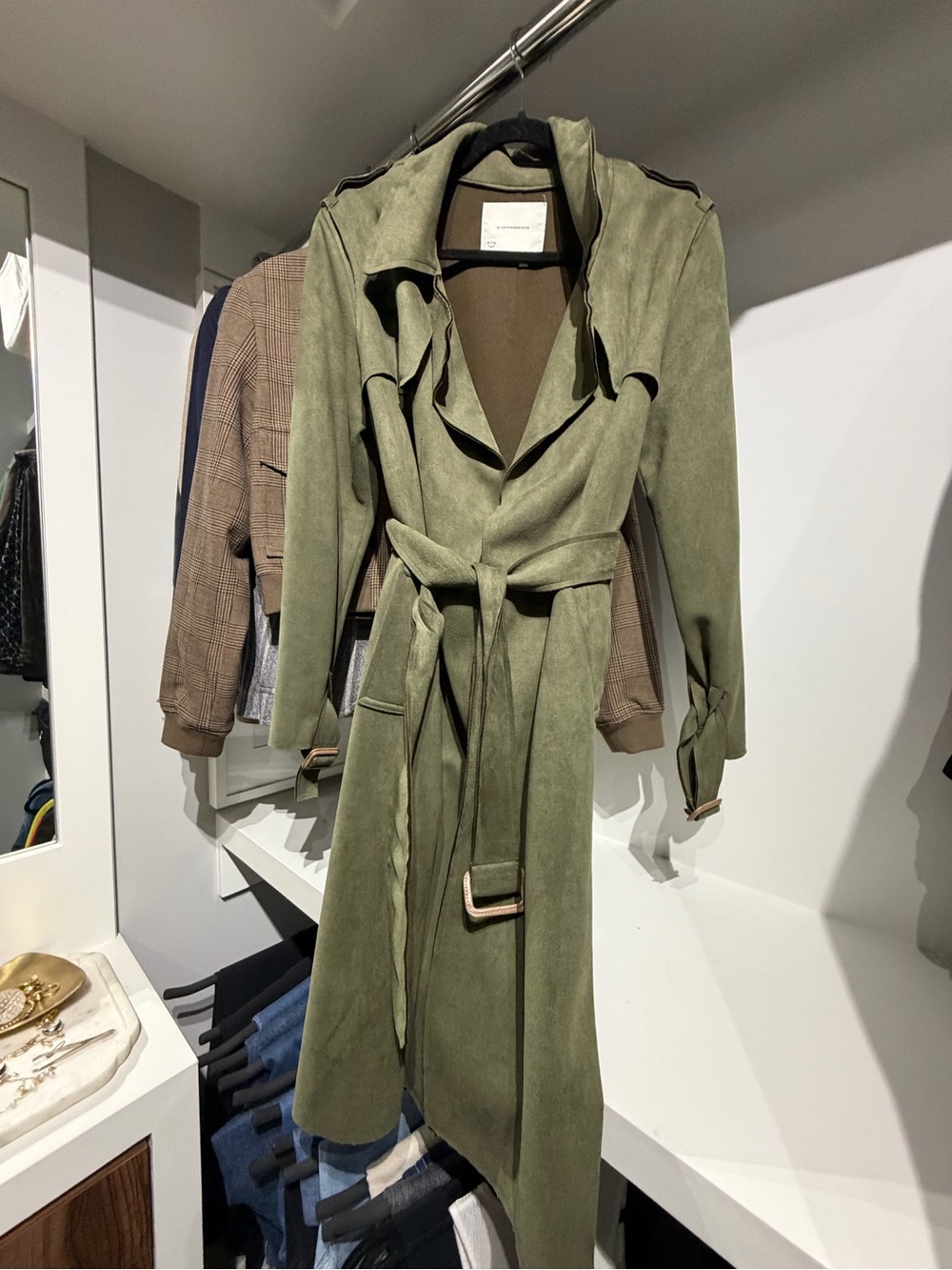 Anthropologie Olive Green Suede Trench with Tie Belt